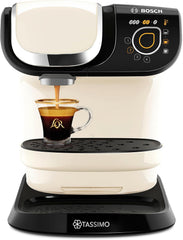 Bosch Tassimo coffee machine dispensing a cup of coffee.