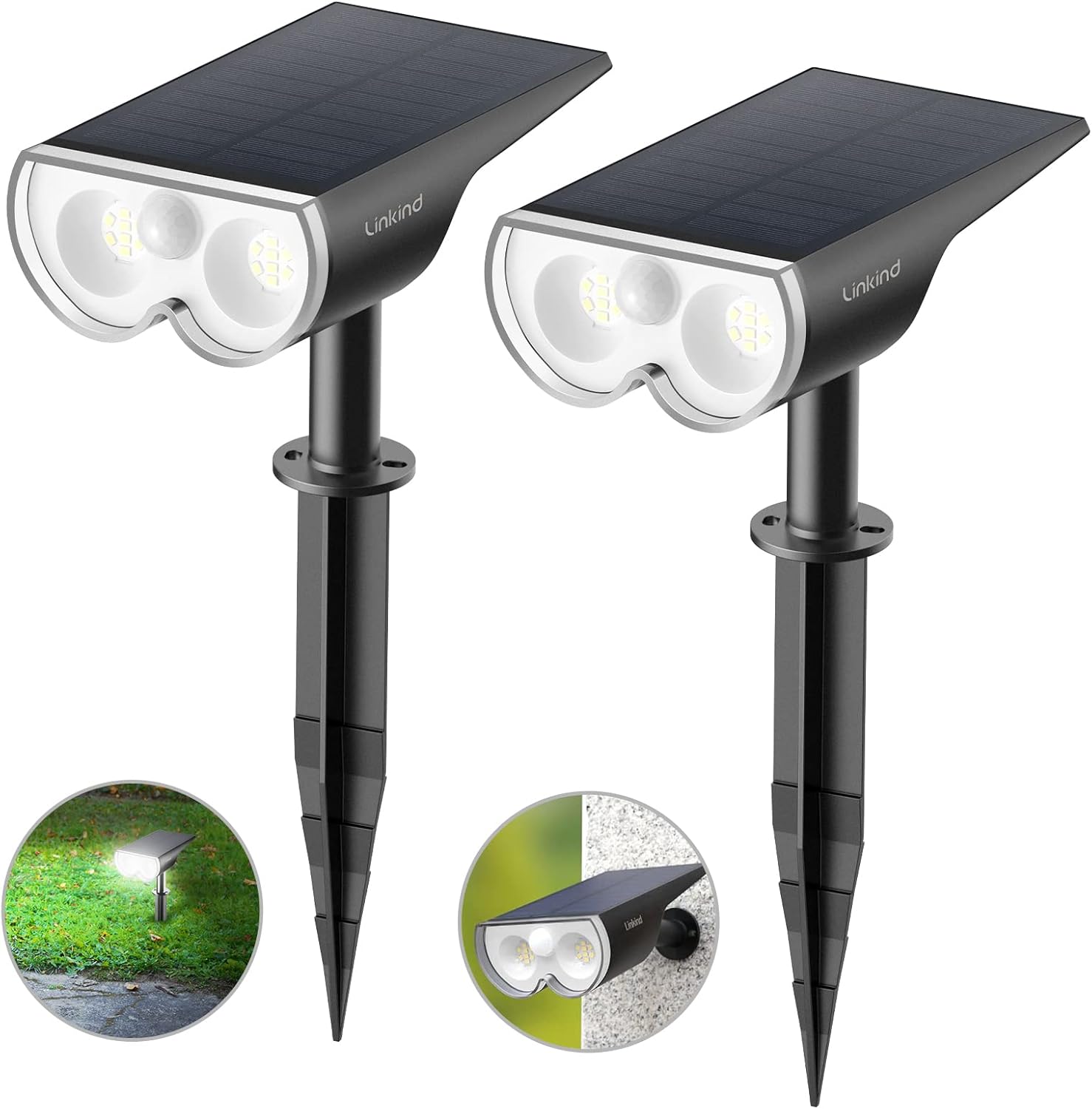 Solar Motion Sensor Lights, 650lm, IP67 Waterproof, Wireless LED Spotlights (2 Pack, Cold White)