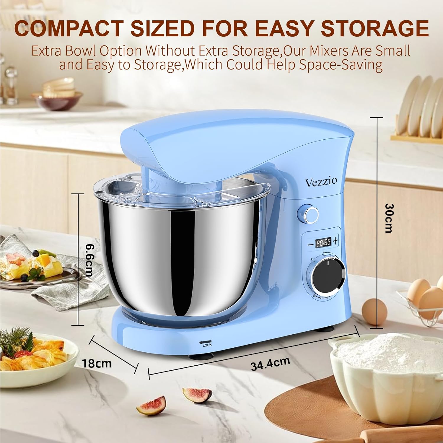 Small Stand Mixer 1500W – 10-Speed Food Mixer for Baking with 5.5L Bowl – Lightweight Dough Mixer for Home & Cake – Blue