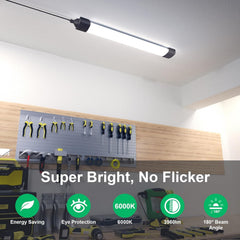 Ceiling light fixture in a workshop with tools on a wall panel, highlighting features like 'Super Bright, No Flicker'.