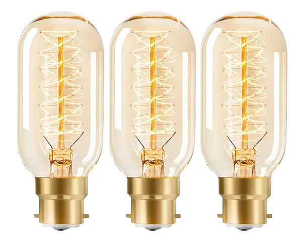 3-Pack 40W B22 Vintage Bayonet Light Bulb Warm White, Dimmable Edison Incandescent Bulbs with Spiral Retro Filament, Amber Glass T45 Tube Lamp for Decorative Lighting