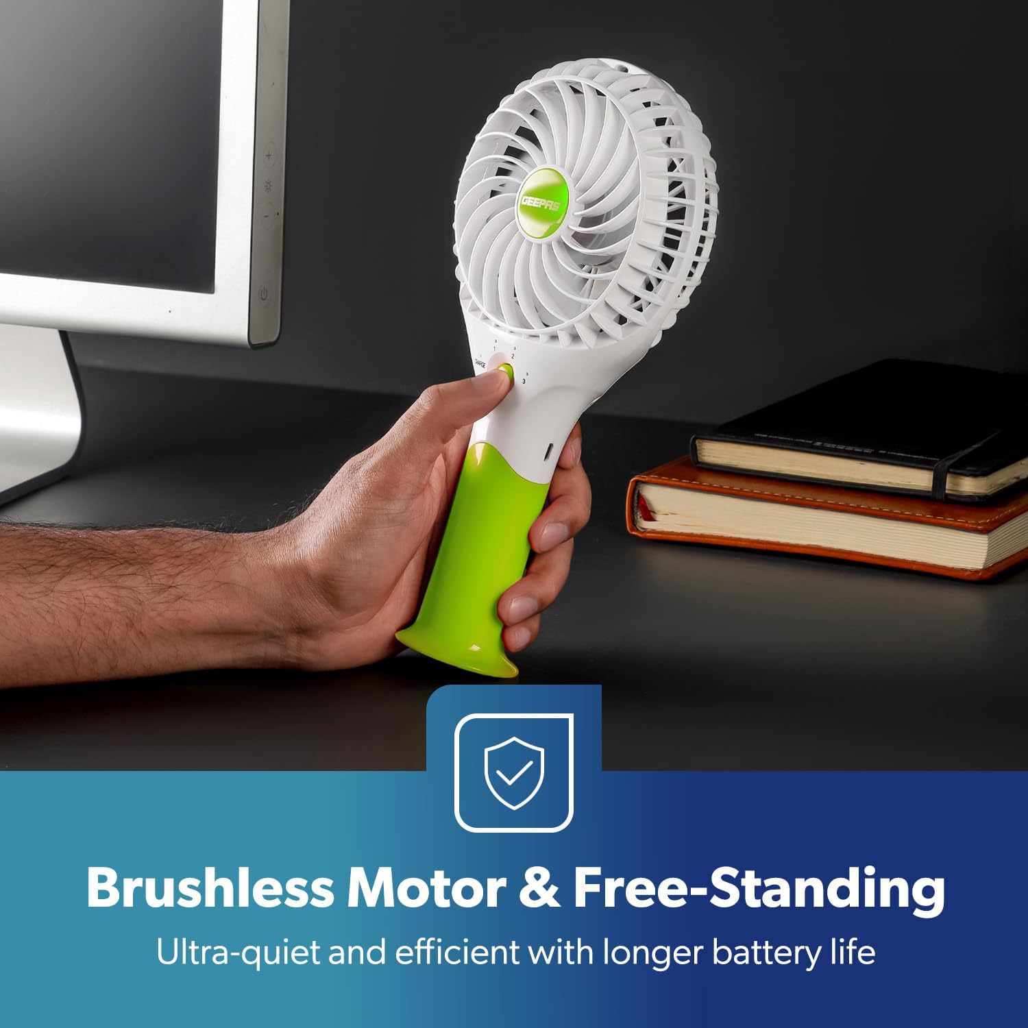 GEEPAS Rechargeable Fan | Mini Portable USB Handheld Fan for Home Office Travel Outdoor Personal Use | 3 Speed Settings 8Hr Run Time | Ultra Quiet Lightweight Air Circulator | 2 Year Warranty Green