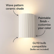 Modern Up and Down Wall Light – Dual GU10 Bulbs with White Ceramic Paintable Wave-Pattern Shade for Living Room, Kitchen, Bedroom, or Hallway