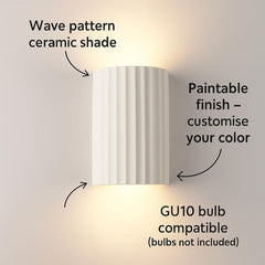 Modern Up and Down Wall Light – Dual GU10 Bulbs with White Ceramic Paintable Wave-Pattern Shade for Living Room, Kitchen, Bedroom, or Hallway