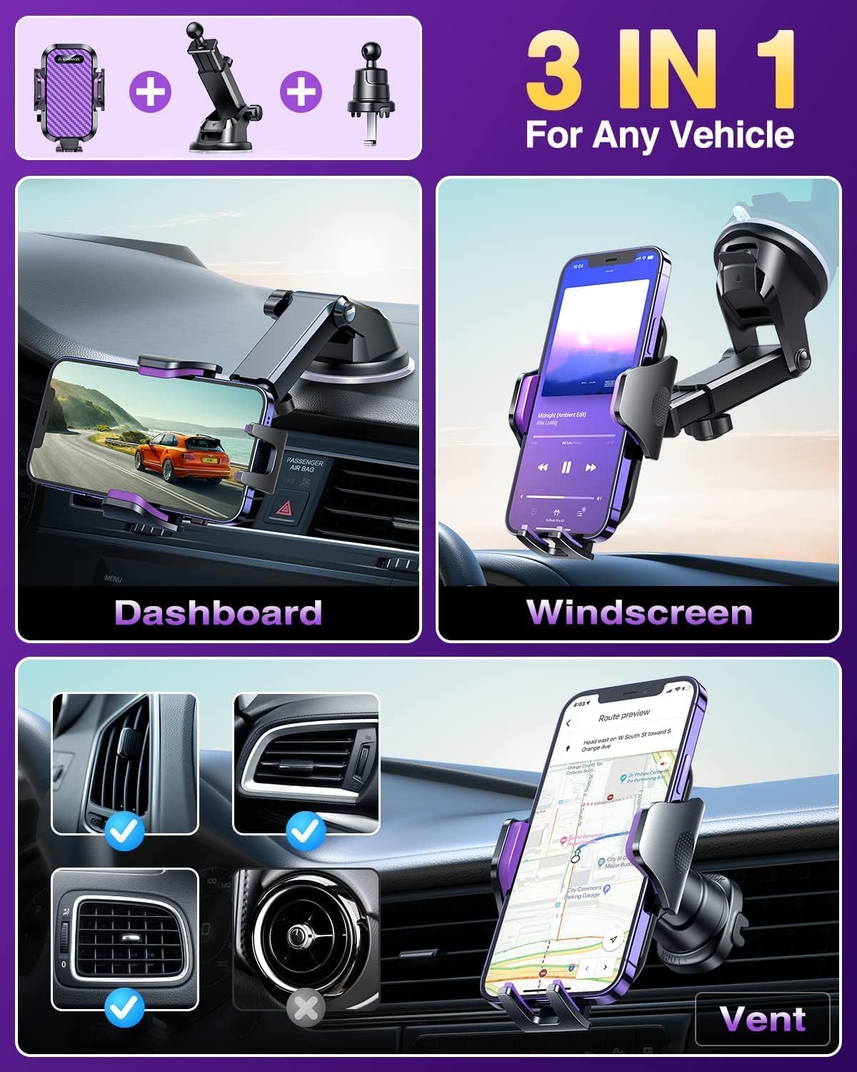 VANMASS Car Phone Holder Purple – Upgraded Suction & Clip, Rotatable Mount