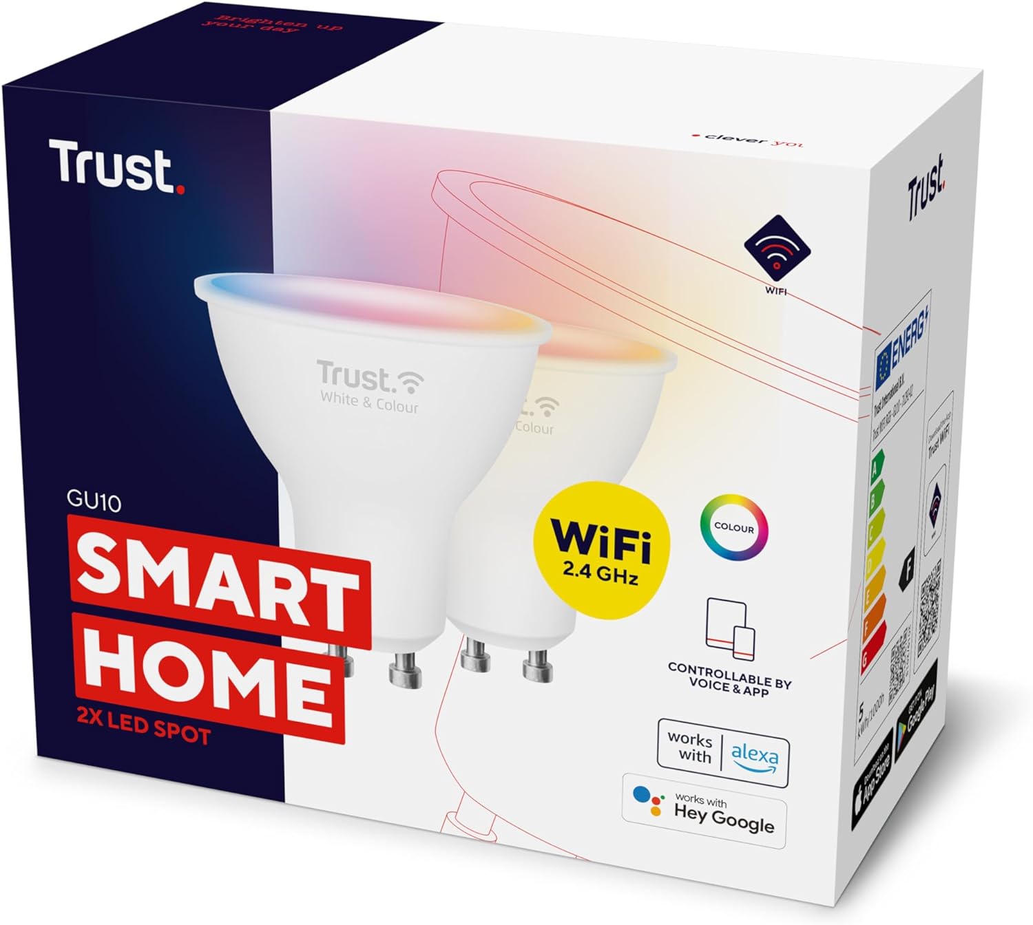 Trust WiFi GU10 Smart Bulb, Colour Changing, Works with Alexa and Google Home, 2.4GHz WiFi, 2-Pack