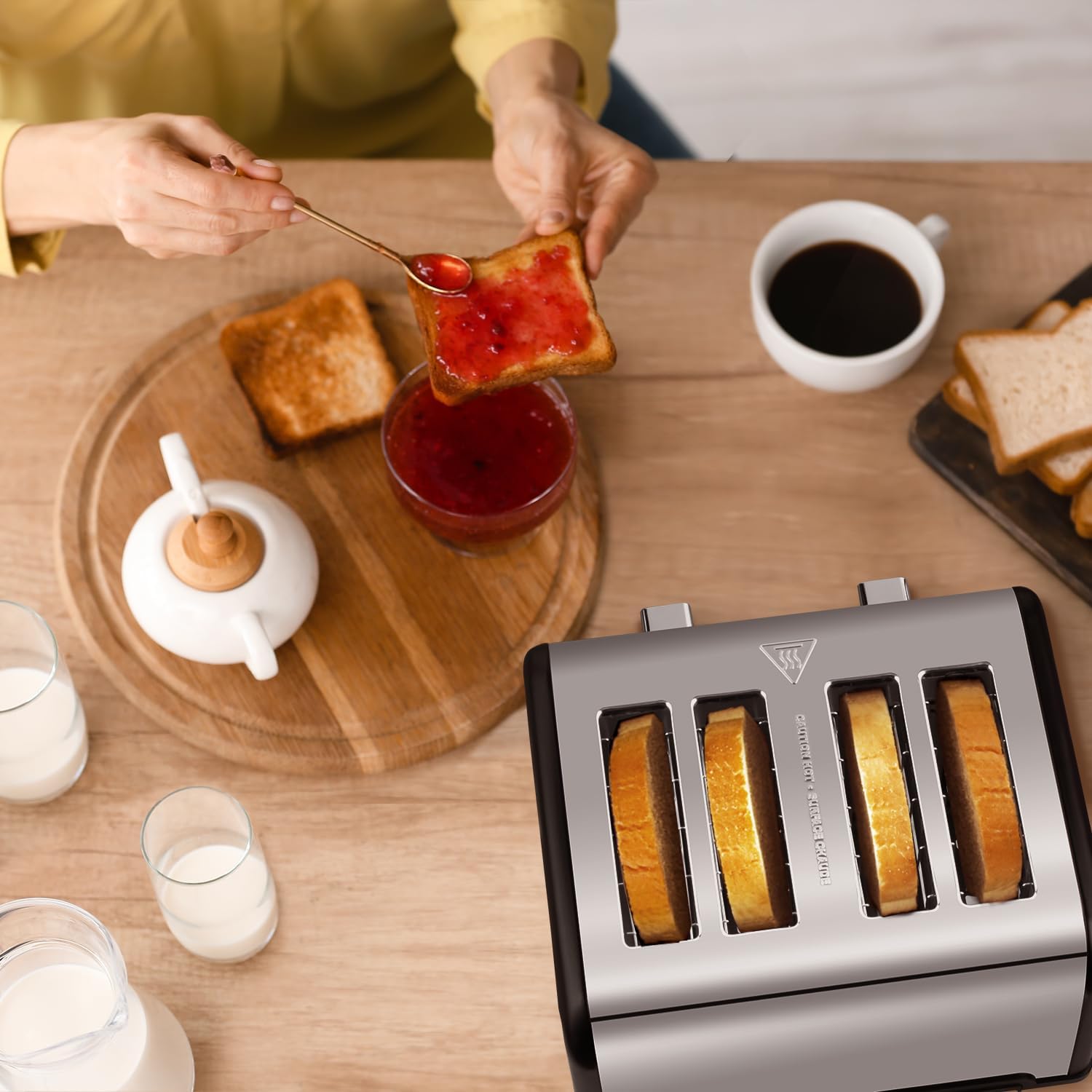 4 Slice Stainless Steel Toaster – Black | LED Display, Extra-Wide Slots, 6 Browning Settings, Defrost, Reheat & Cancel