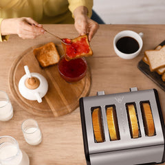 4 Slice Stainless Steel Toaster – Black | LED Display, Extra-Wide Slots, 6 Browning Settings, Defrost, Reheat & Cancel