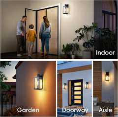 Collage of outdoor lighting fixtures in various settings including indoor, garden, doorway, and aisle.