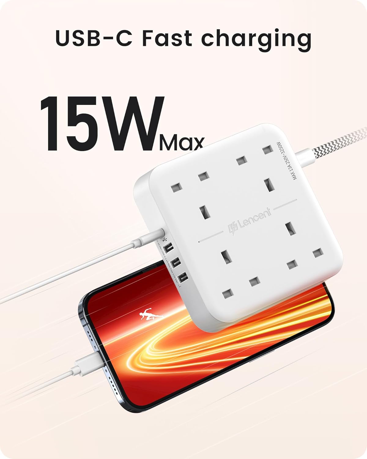 Extension Lead 4-Way 13A 3250W with 1 USB-C & 3 USB, 1.8M Braided Power Strip – White