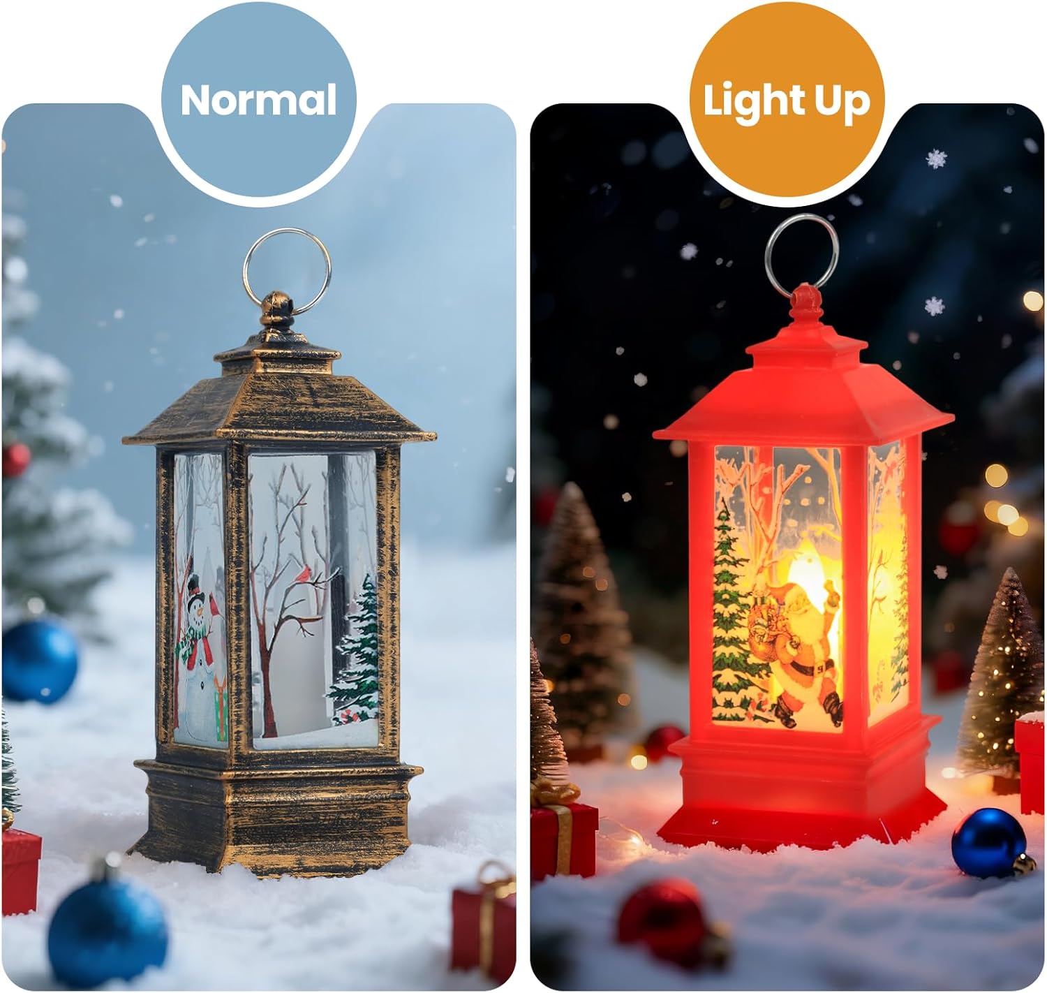 Snowman lantern with flickering LED candle light