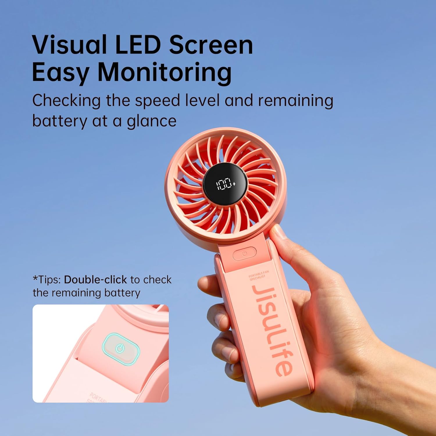 JISULIFE Handheld Fan Life7 – Ultimate Flexibility: High-Power Motor, LED Display, 5000mAh Rechargeable, 5-Speed, Foldable Design, 3-IN-1 Portable Hand/Desk/Neck Fan for Travel, Gift for Women (Pink)