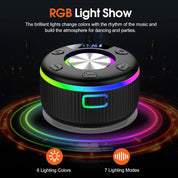 Black Bluetooth speaker with RGB lighting effects on a dark background