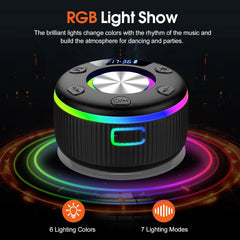 Black Bluetooth speaker with RGB lighting effects on a dark background