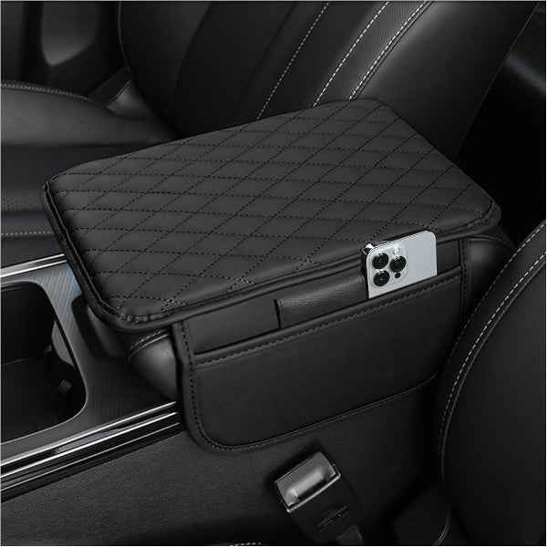 Upgraded Car Armrest Cover – Black Microfiber Leather Console Cushion with Storage