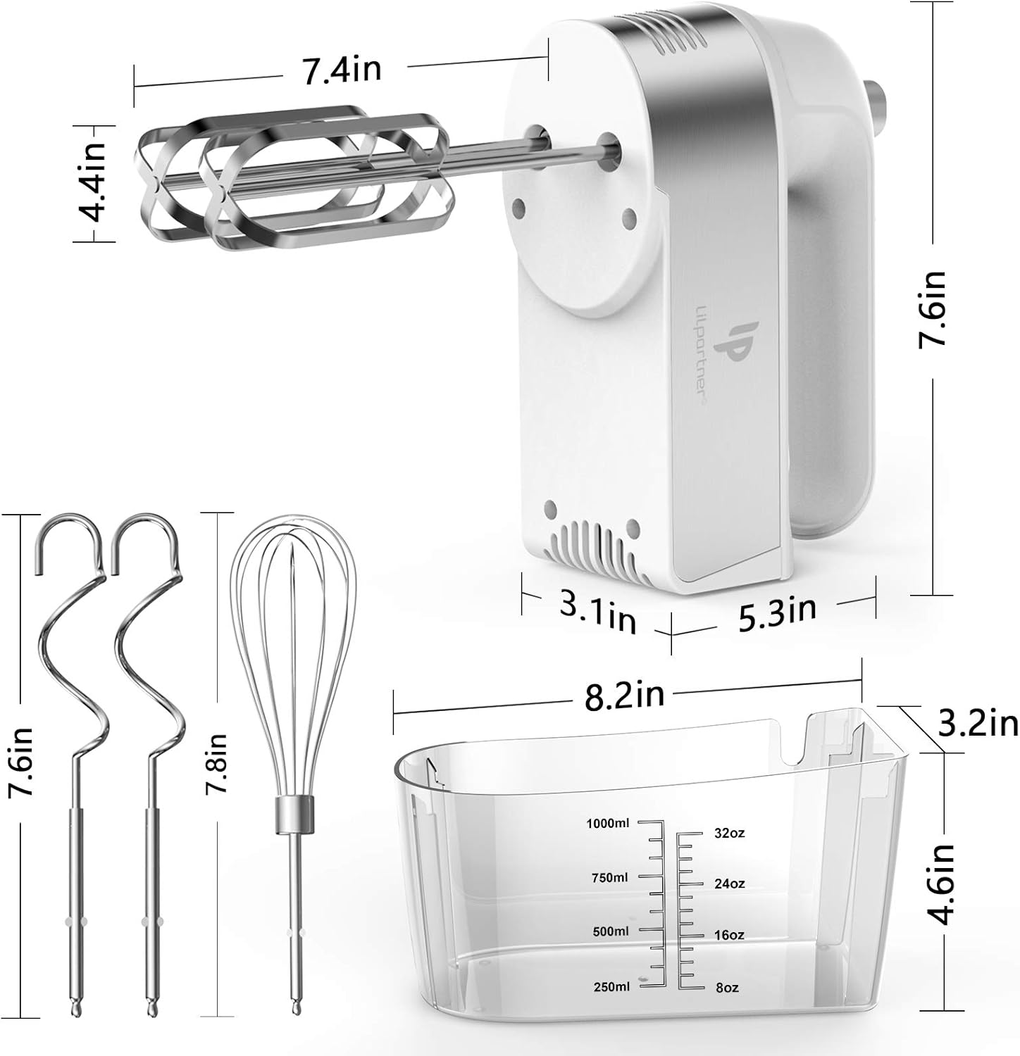 LILPARTNER 450W Electric Hand Mixer with Scale Cup & Storage Case – Silver White