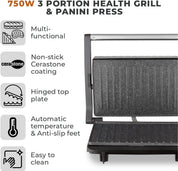 Health Grill & Panini Press 750W with Non-Stick Cerastone Coating
