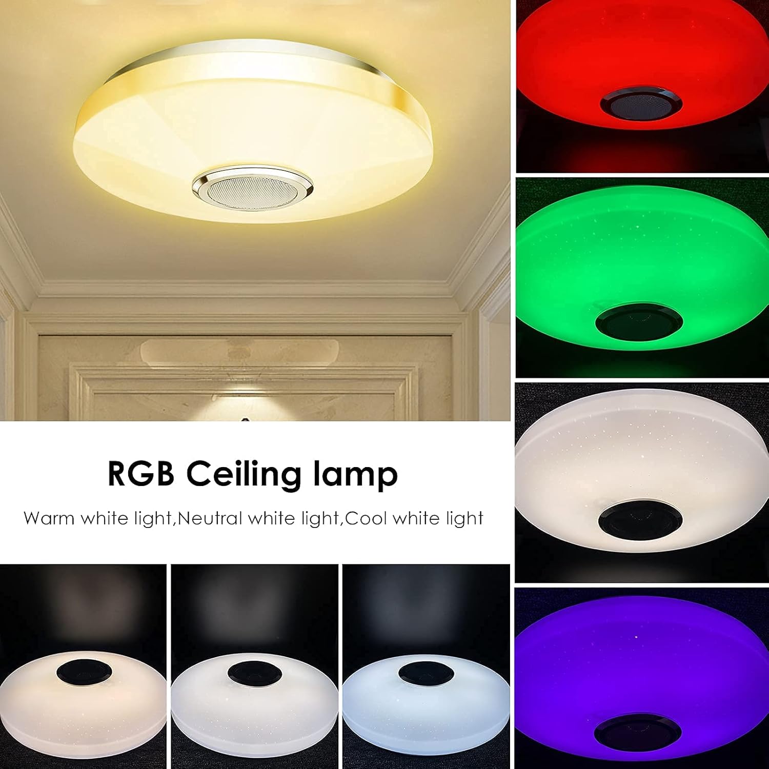 RGB LED Ceiling Light with Bluetooth Speaker – 36W Waterproof Colour Changing Lamp with Remote & App Control, High Sound Quality Speaker, Ø30cm