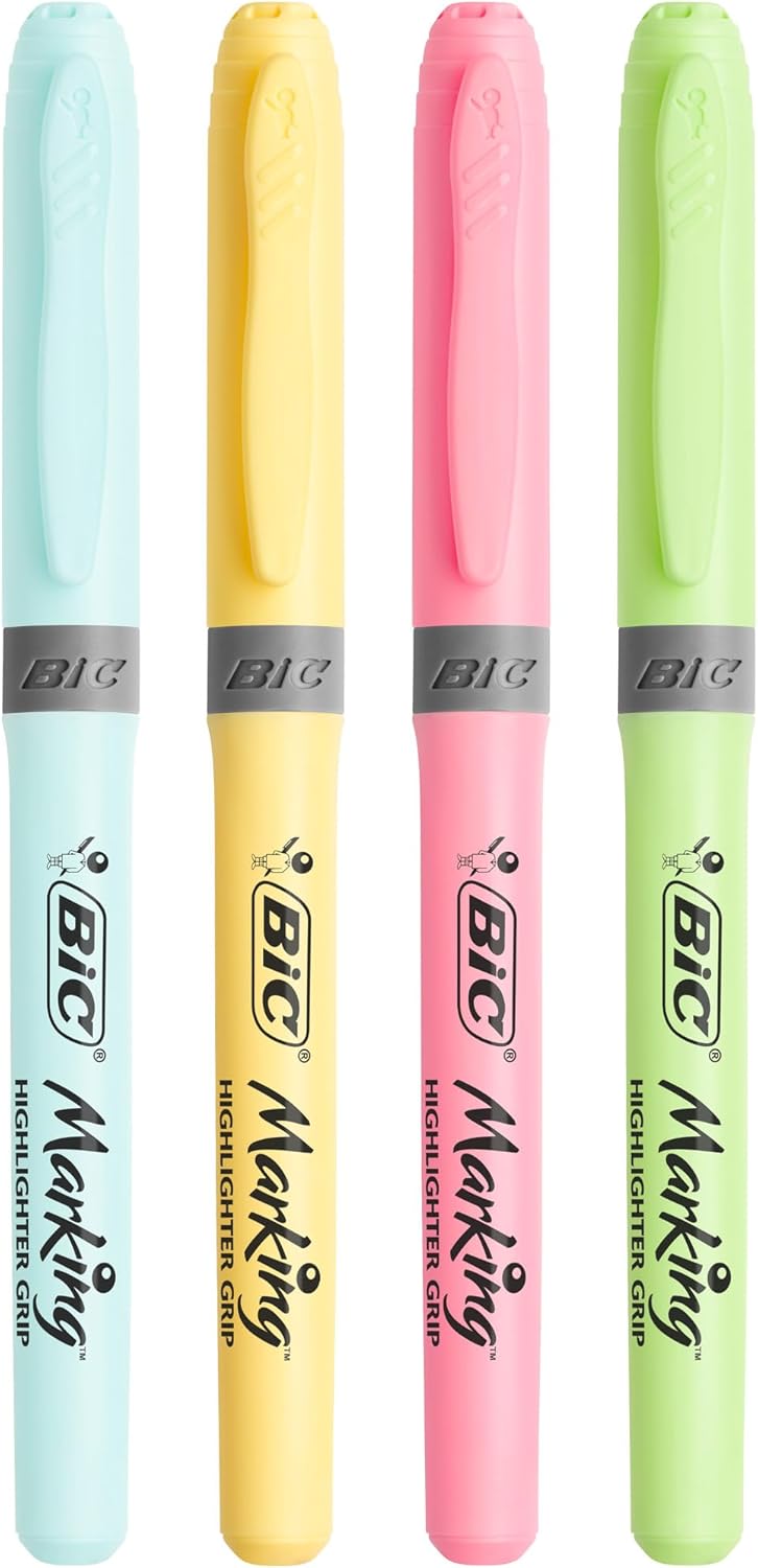 Highlighter Grip Pens, Anti-Dry Water-Based Ink, 4 Assorted Colors, Pack of 4