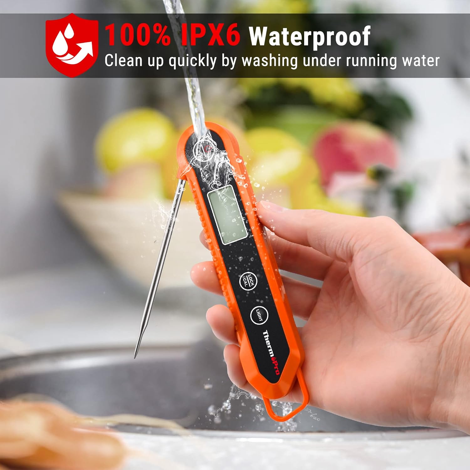 TP03H Orange Digital Meat Thermometer – Fast, Waterproof & Foldable
