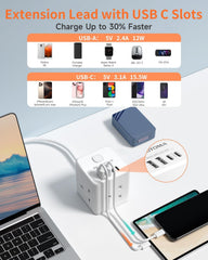 Extension lead with USB C slots charging multiple devices on a white surface.