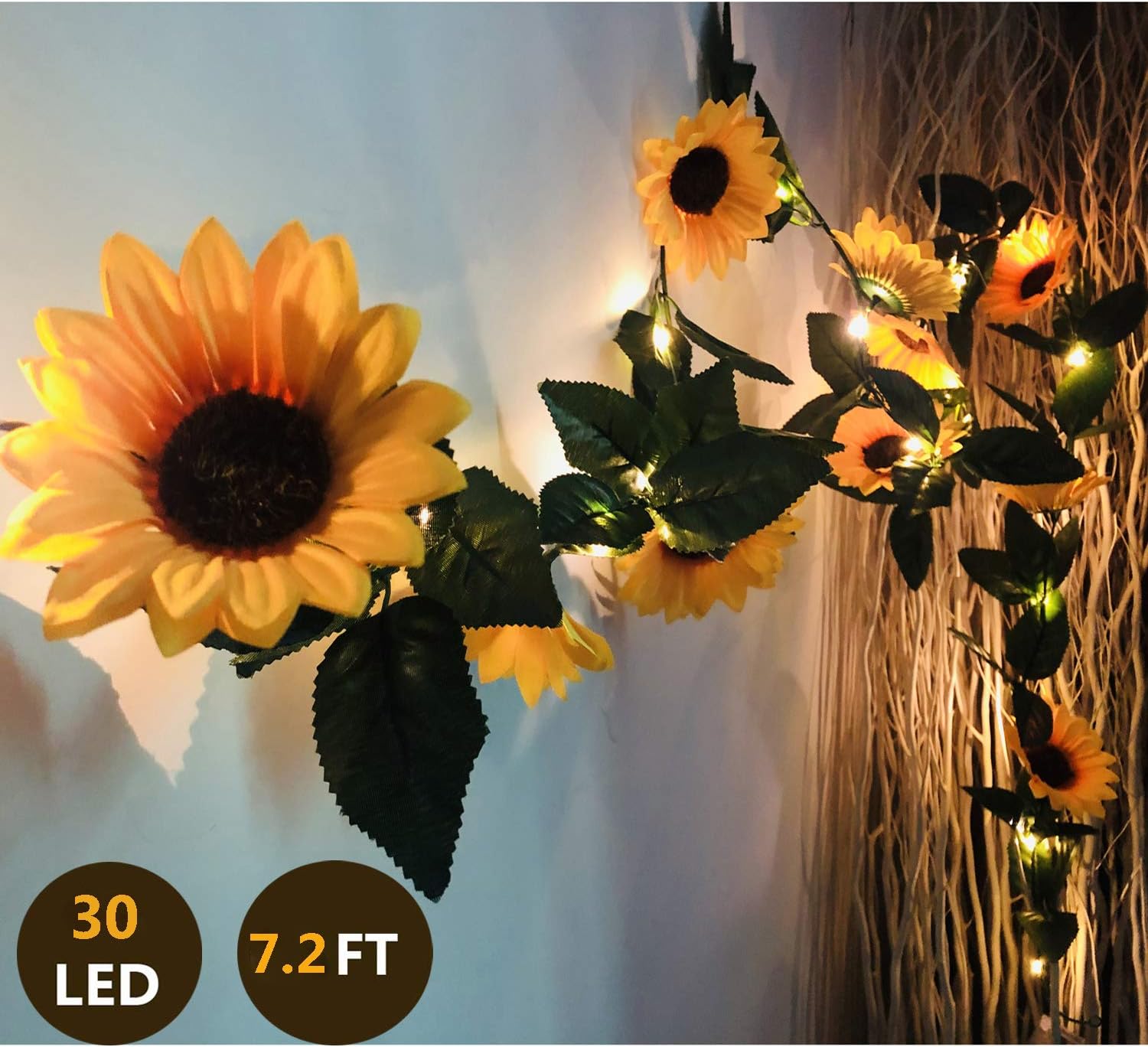 30 LED Artificial Sunflower Garland String Lights 7.2ft Silk Sunflower Vines with Lights Battery Powered Sun Flower Fairy Lights for Wedding, Valentines Day, Garden Birthday Party Decoration