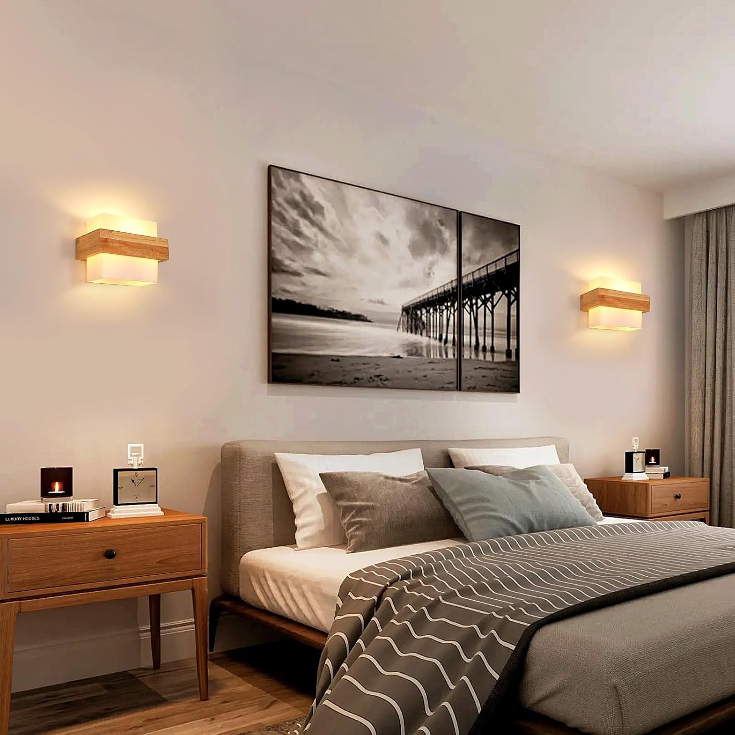 Modern LED Wall Light Indoor, Creative Square Wooden Wall Lamp with Glass Shade, Elegant Wall Sconce for Bedroom, Living Room, Hallway, Dining Room, and Stairs, E27