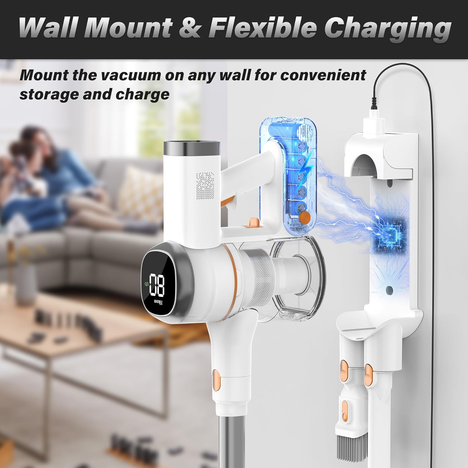 Tikom V500 Cordless Vacuum Cleaner 450W 40KPa Powerful Stick Vac with LED Display, Wall Dock, Handheld for Pet Hair & Floors