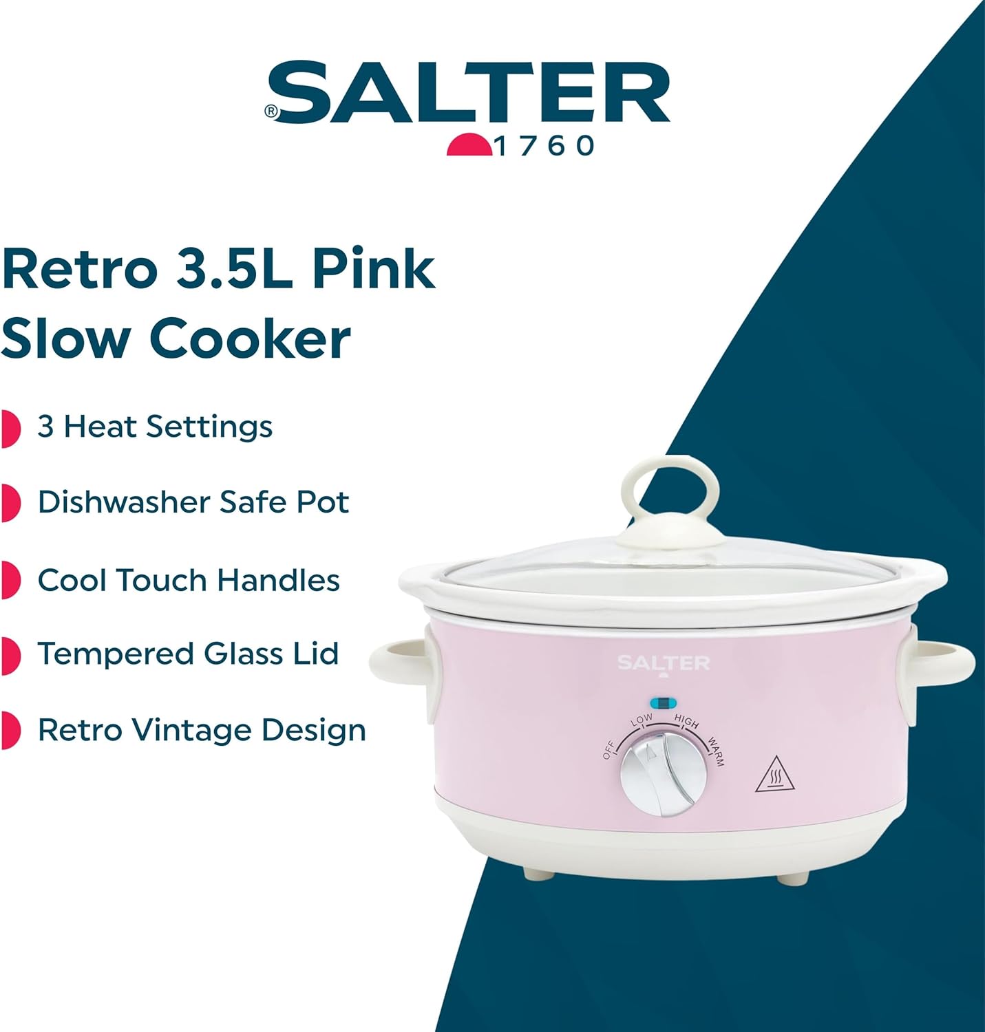 Salter Retro Pink 3.5L Slow Cooker – Electric Ceramic Pot 200W