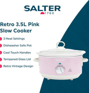 Salter Retro Pink 3.5L Slow Cooker – Electric Ceramic Pot 200W
