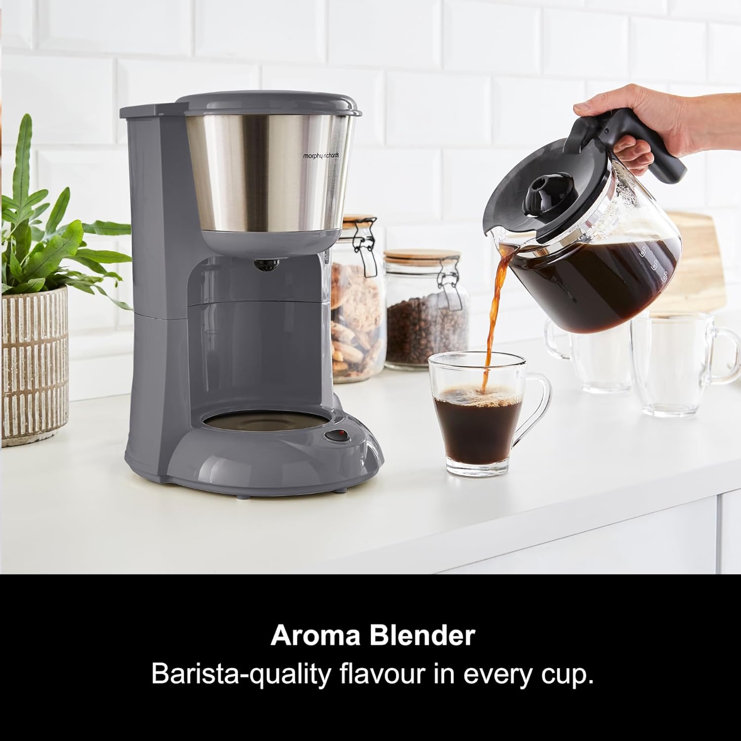10 Cup Filter Coffee Machine with Pour Over Technology, Fast Brew, Anti-Drip, Keep Warm Function, Reusable Filter, Aroma Blender, Grey & Stainless Steel Finish