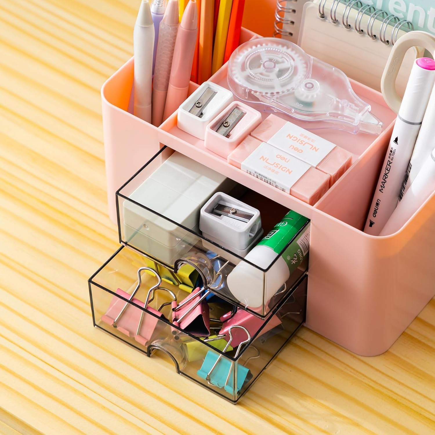 7-Grid Creative Desk Organiser with Drawer – Pink Plastic Pen & Table Storage Box