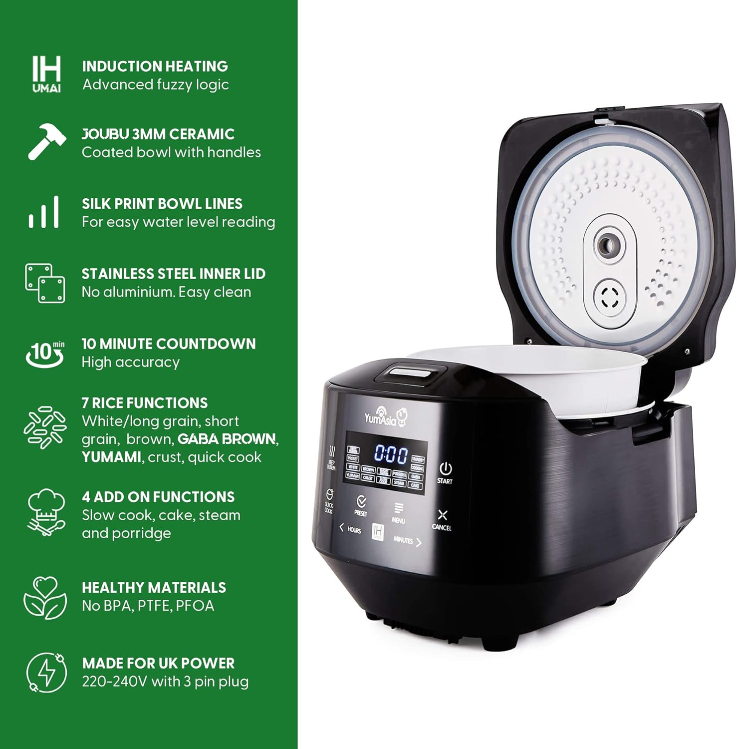 Yum Asia Bamboo IH Rice Cooker 1.5L – Ceramic Bowl & LED Touch – UK/EU
