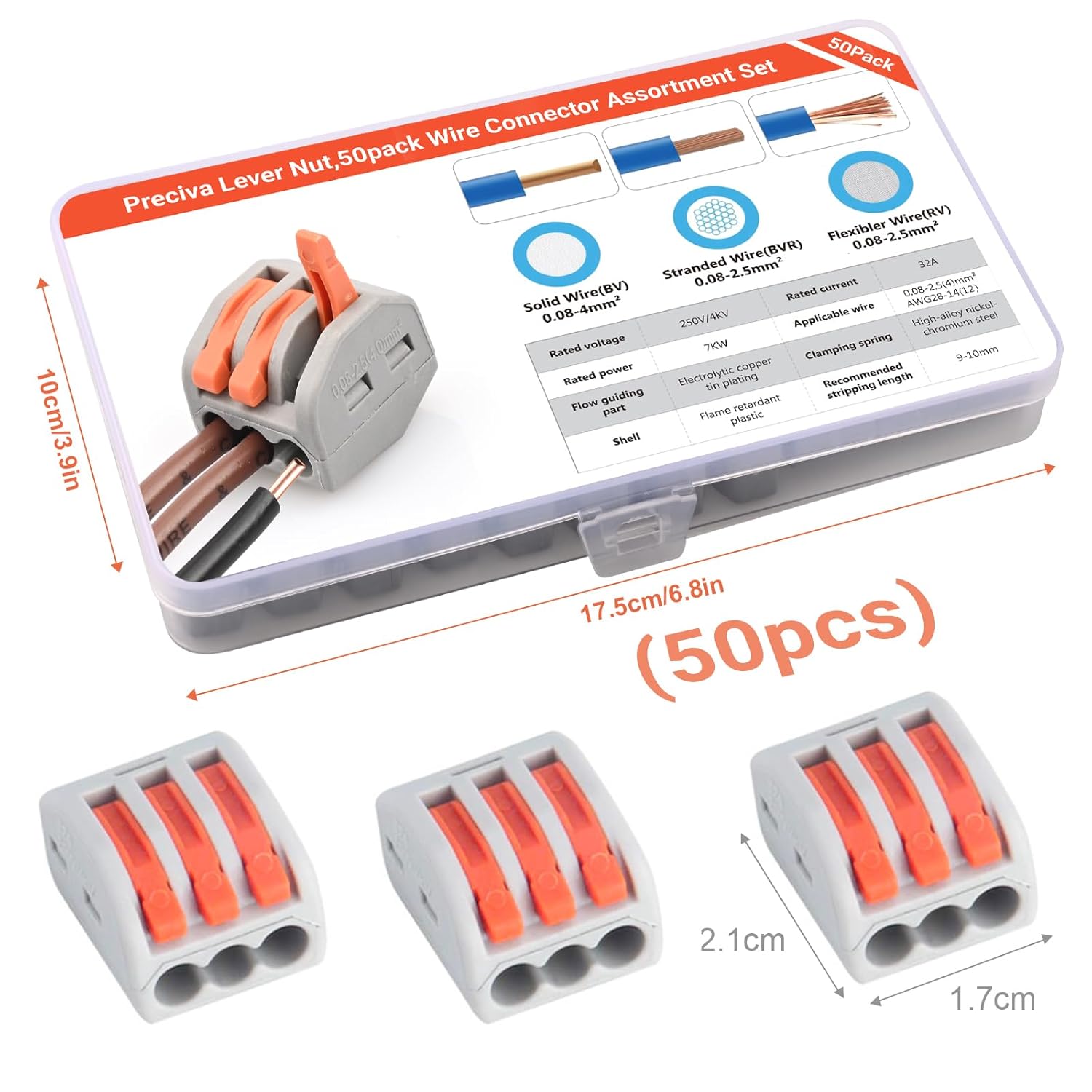 50pcs Wire Connectors, Preciva Electrical ConnectorBlocks, 3-Way Compact Cable Lever Nut Assortment Conductor, Terminal Block Quick Spring Connector with Clamp 3-Port