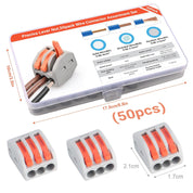 50pcs Wire Connectors, Preciva Electrical ConnectorBlocks, 3-Way Compact Cable Lever Nut Assortment Conductor, Terminal Block Quick Spring Connector with Clamp 3-Port