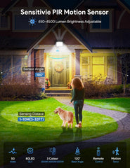 Outdoor light fixture with sensitive PIR motion sensor in front of a house at night.