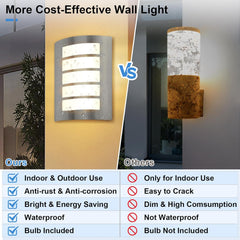 Comparison of two wall lights with features listed on a gray background.