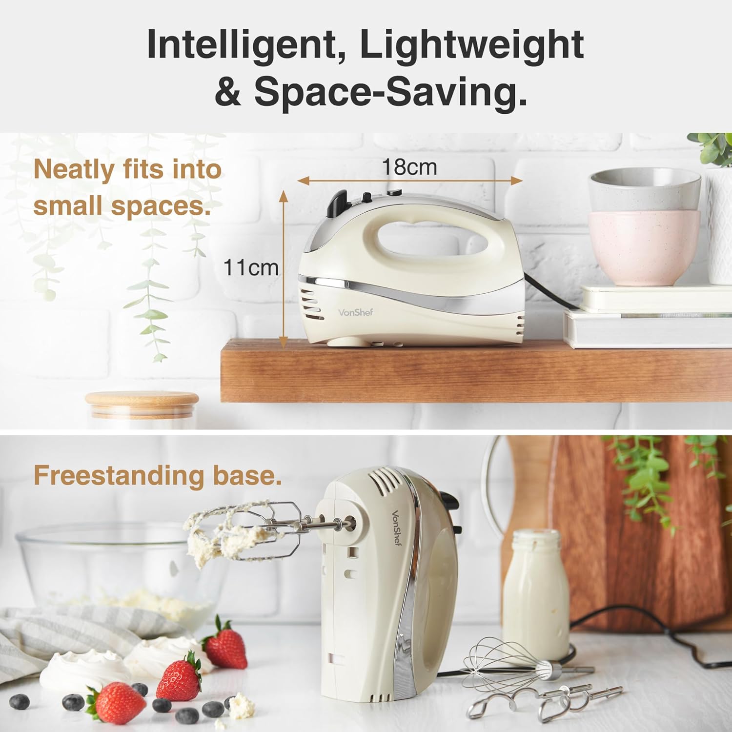 VonShef Professional 300W Hand Mixer – Cream | 5 Speed with Turbo | Includes Chrome Beaters, Dough Hooks & Balloon Whisk