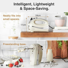 VonShef Professional 300W Hand Mixer – Cream | 5 Speed with Turbo | Includes Chrome Beaters, Dough Hooks & Balloon Whisk