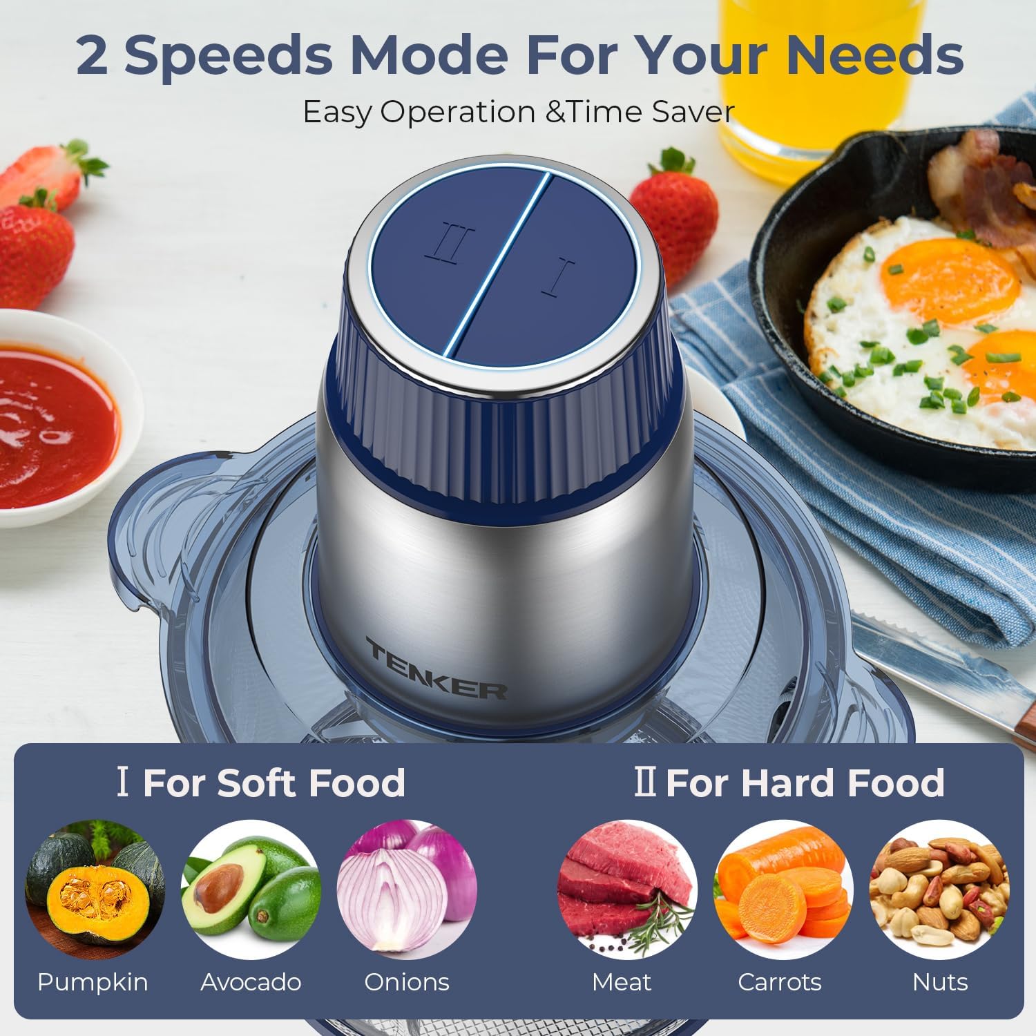 TENKER Food Processor 2L+2L Bowls, Bi-Level Blades, Chopper & Meat Grinder