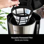 Equip 10 Cup Filter Coffee Machine with Pour Over Technology, Aroma Blender & Keep Warm Function – 1.2L Drip Coffee Maker with Reusable Filter, Anti-Drip Design & Easy View Water Level, Black/Brushed Steel