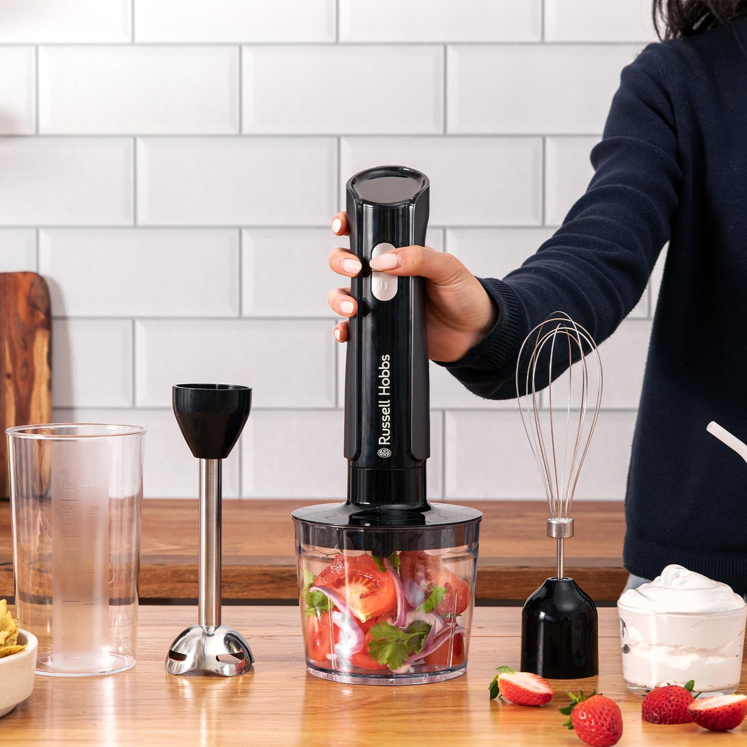 3-in-1 Hand Blender & Electric Chopper – 700ml Beaker, 500ml Bowl, Whisk, 2 Speeds + Pulse, Stainless Steel – Matte Charcoal