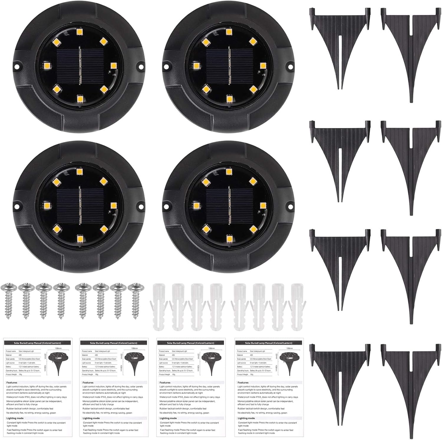 4-Pack Solar Ground Lights - Outdoor Solar-Powered with 12 LEDs, Waterproof Garden Lights with Side Lights for Patio, Yard, Driveway, Lawn, and Pathway