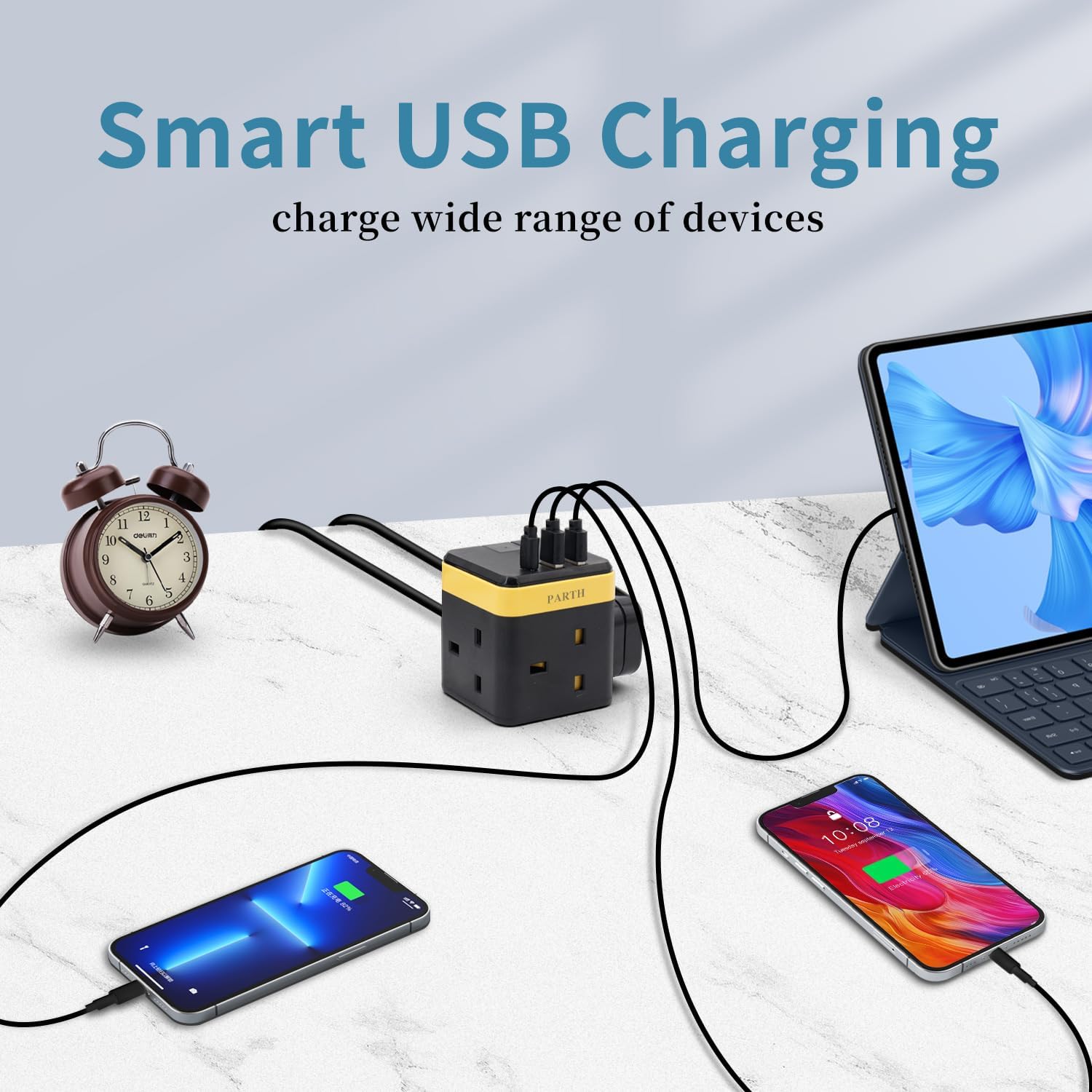 Cube Extension Lead 3 Way with 3 USB (PD 18W) – 2M Cable, 13A/3250W Multi Plug Socket with Switch & Child Safety