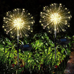 Solar Garden Lights 2 Pack 120 LED Firework Solar Lights Outdoor Garden, 8 Modes Solar Pathway Lights Waterproof Dandelion Solar Lights for Patio FlowerBoxes Party Decorations- Warm White