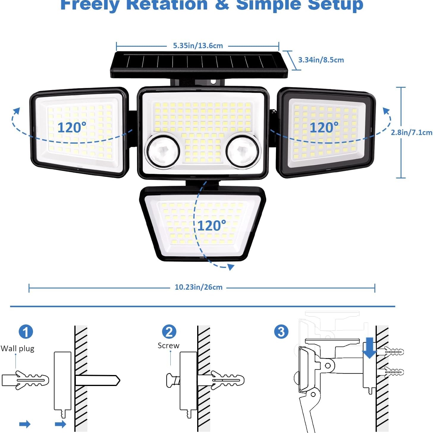 Solar light fixture with measurement details and installation instructions on a white background
