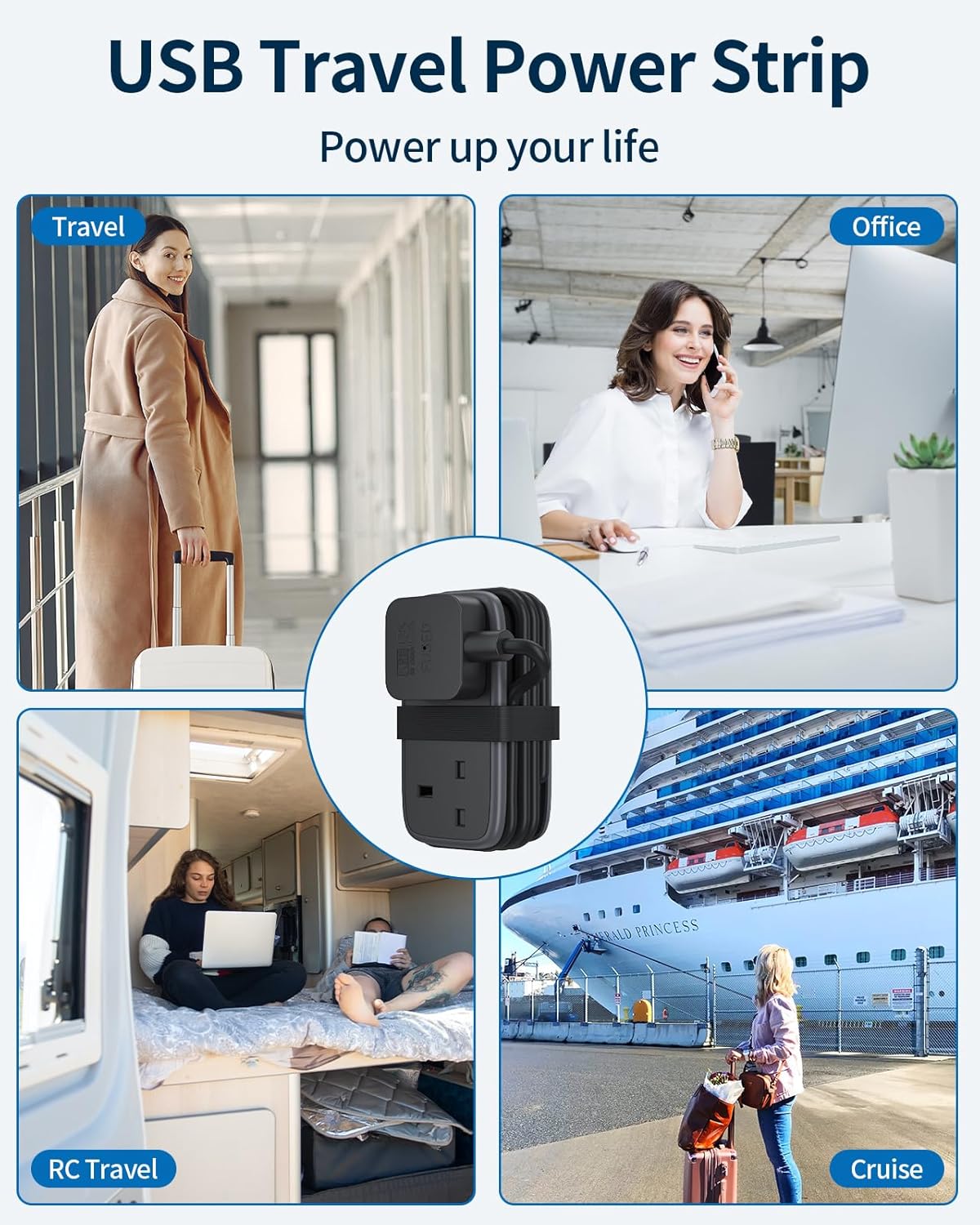 Travel Extension Lead with USB, 2 Outlets & 3 USB (1 Type-C), 1.2M Cor ...