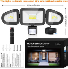 Outdoor motion sensor lights with packaging, remote control, and installation parts on a white background.