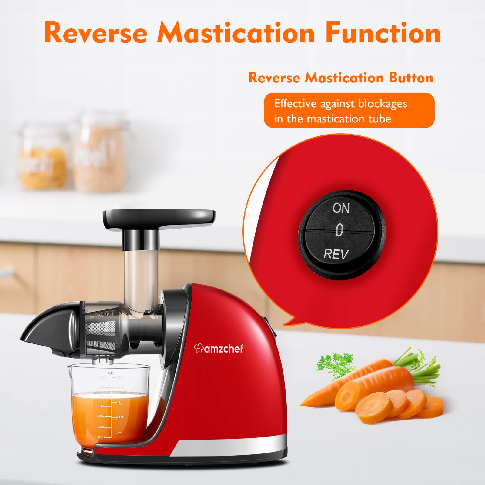 AMZCHEF Juicer Machines - Cold Press Slow Juicer - Masticating Juicer for Whole Fruits and Vegetables - Delicate Chew No Need to Filter - BPA Free Juice Extractor with 2 Cups and Brush - Black