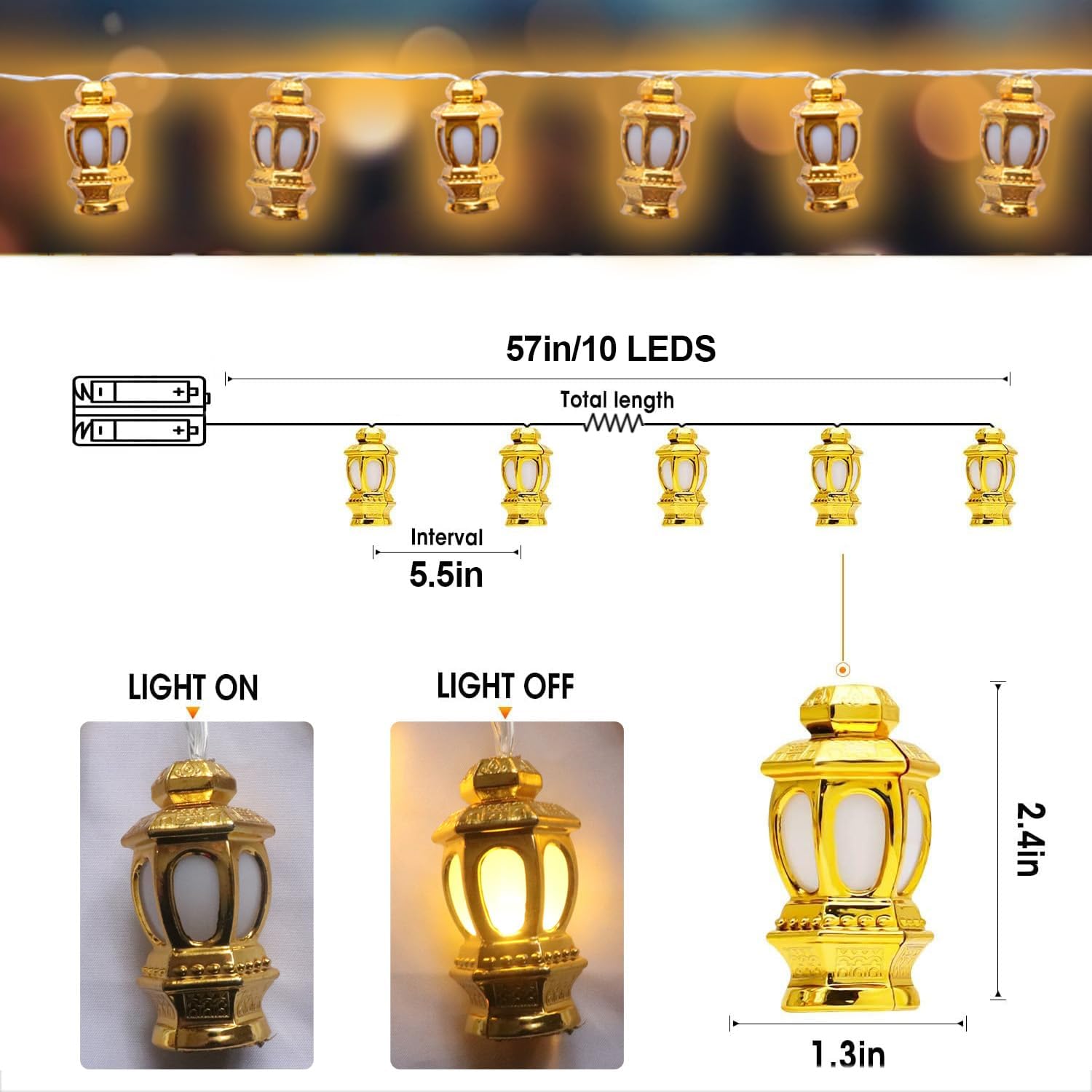 Ramadan Eid Mubarak String Lights – 5.4ft LED Fairy Lights with 10 Warm White LEDs, Battery Powered Indoor & Outdoor Decoration
